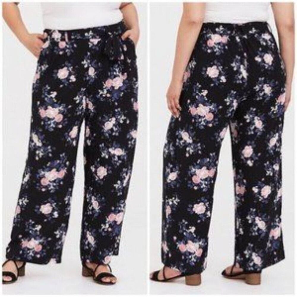 Torrid Black Floral Challis Wide Leg Pant Plus Size Woman's 1XL